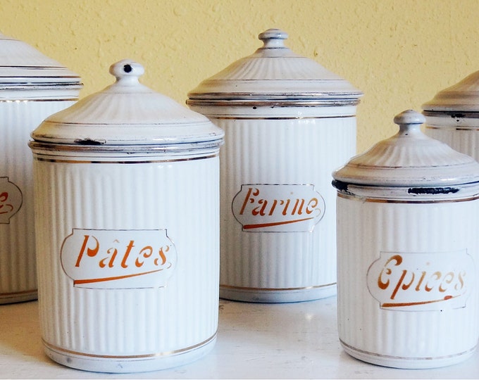 Vintage French Enamelware Canister Set of 5 White Enamel Etsy