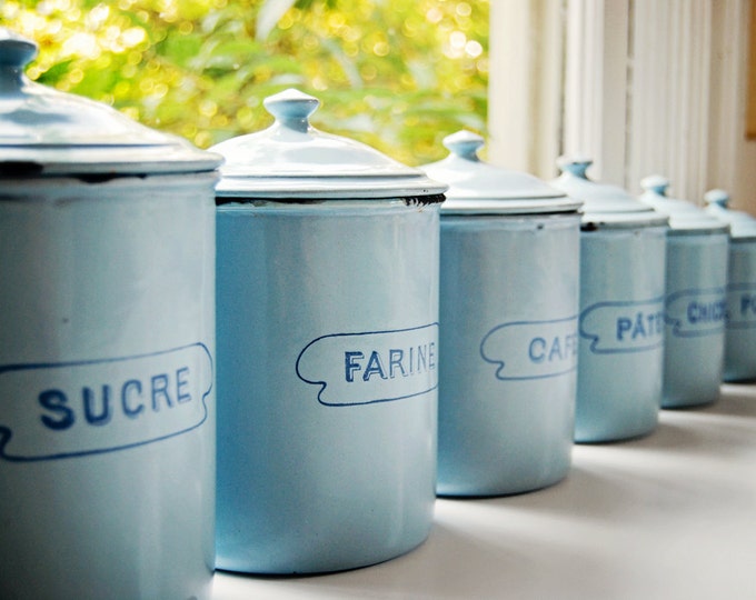 Vintage French Enamelware Set of 6 Light Blue Canisters Etsy