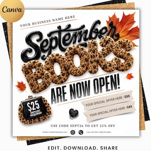 May include: A promotional graphic featuring the text September books are now open in black and leopard print lettering. Includes a small leopard print coin purse with a $25 deposit required label, a black heart icon, and two offer banners.