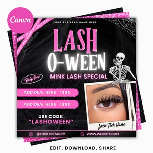 Puede incluir: Un gráfico promocional cuadrado con fondo negro y detalles en rosa que muestra el texto LASH O-WEEN MINK LASH SPECIAL. Incluye una ilustración de un esqueleto, una foto de un ojo con pestañas largas en un marco polaroid y espacios para detalles comerciales y el código LASHOWEEN.