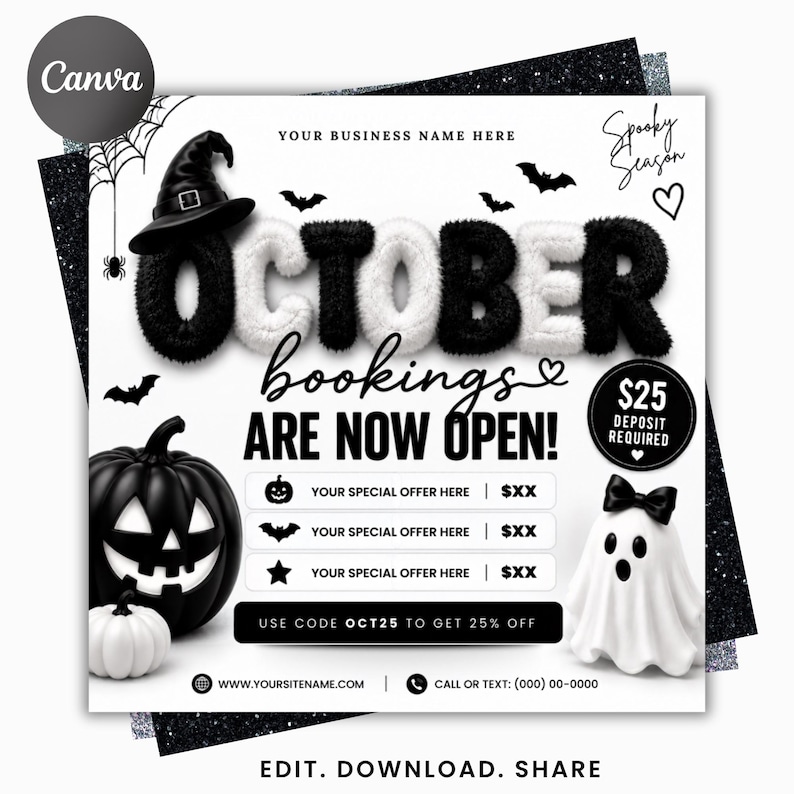 May include: A square digital flyer template featuring the text OCTOBER bookings ARE NOW OPEN! with a witch hat, a black pumpkin, a white pumpkin, and a ghost. The design includes icons of a pumpkin, bat, and star, with placeholders for business details.