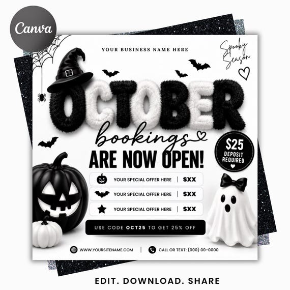 October Booking Flyer, Halloween Booking Flyer Template, Hair Lash Nail Salon Appointment Canva Template, Halloween Event Flyer, Canva