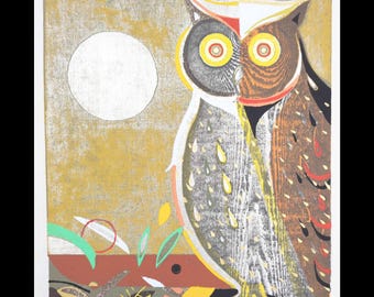 Kimura Yoshiharu - Houtsnede “Maan in de ochtend” 1985, beperkte oplage - JAPAN