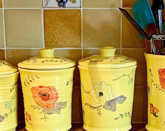 Vintage Ransburg Rooster Canister Set: Hand-painted Yellow Nesting