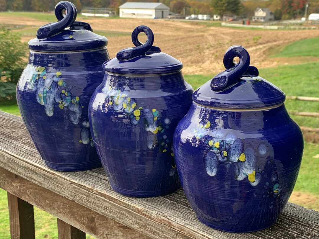 Kitchen Canisters HANDMADE Cobalt Blue With Yellow White Etsy