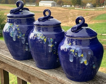 kitchen canisters, HANDMADE, cobalt blue with yellow, white, turquoise crystals