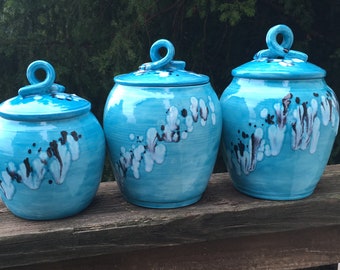 3 kitchen canisters, caribbean blue or light blue