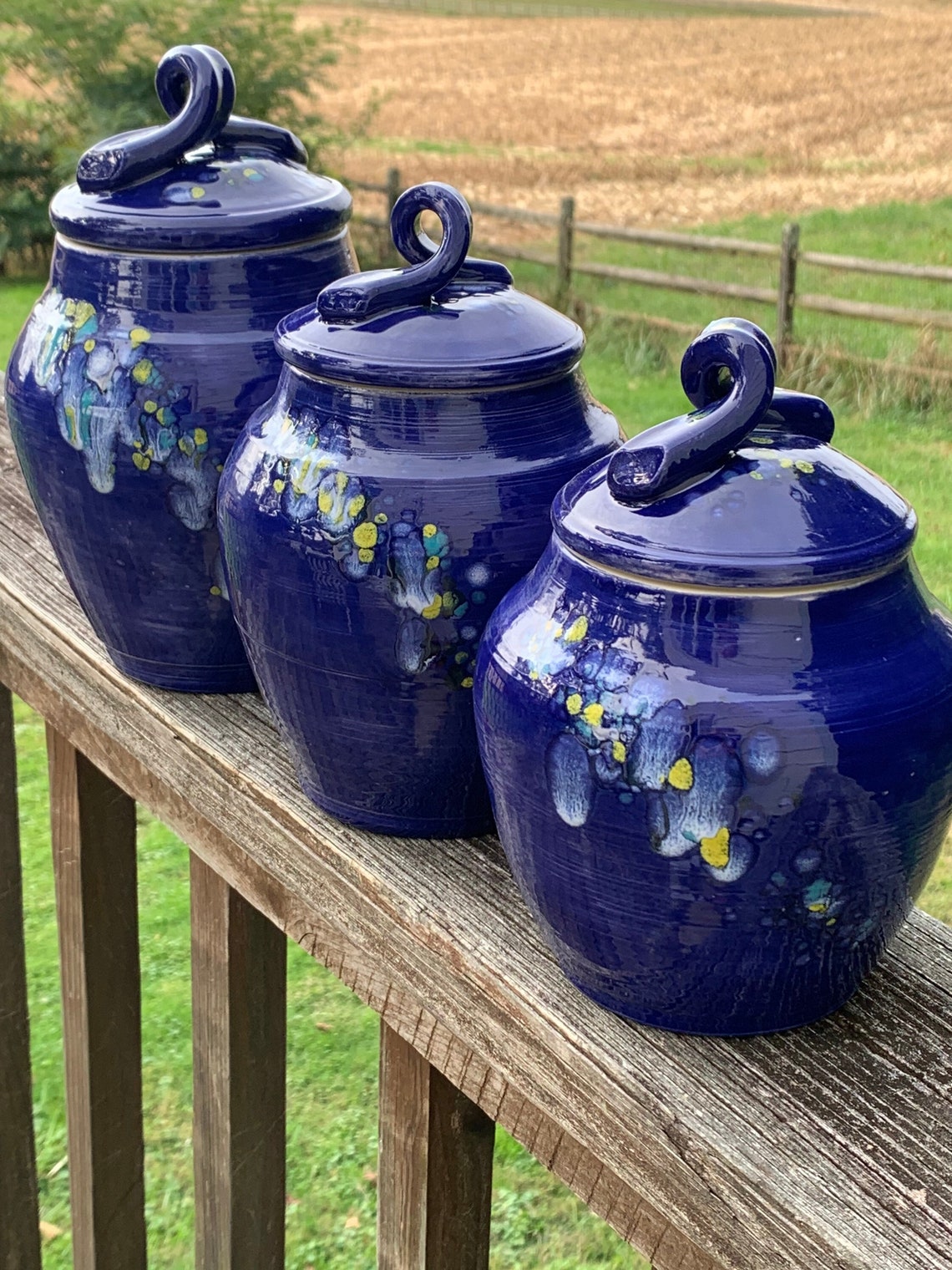 Kitchen Canisters HANDMADE Cobalt Blue With Yellow White Etsy