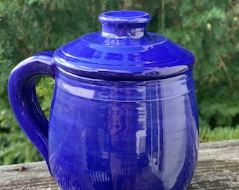 large covered mug, cobalt blue