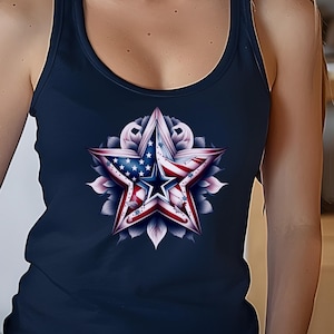 Bandeira dos EUA, top curto com costas nadador, camisa dos EUA para o 4 de julho, regata com costas nadador do Dia da Independência, regata retrô EUA, Next Level 1533