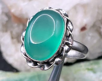 Green Onyx 925 Sterling Silver Ring – Art Nouveau Boho Statement Ring, Vintage Style, Oval Green Onyx Stone