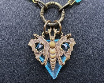 Butterfly Necklace – Aqua Czech Glass Filigree Wrapped Pendant, Fairycore Jewelry, Gifts for Her
