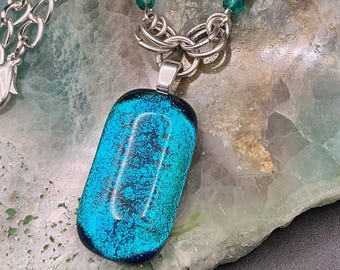 Vintage Blue Dichroic Glass Necklace – Sterling Silver PL Chain, Goddess Jewelry, Glass Pendant, Gift