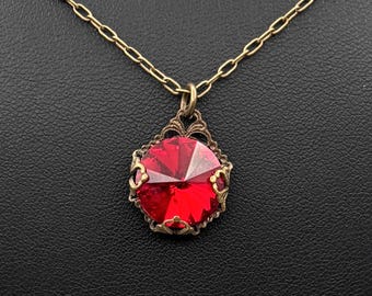 Red Swarovski Crystal Necklace – Vintage Filigree Brass Pendant, Goddess Jewelry