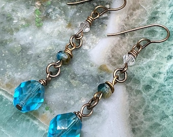 Ocean Blue Crystal Earrings – Handmade Fairy-core Drop Earrings with Vintage Glass