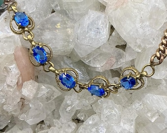 1950s Vintage Goldette Sapphire Glass Heart Bracelet | 18K Gold-Plated Georgian Revival Jewelry