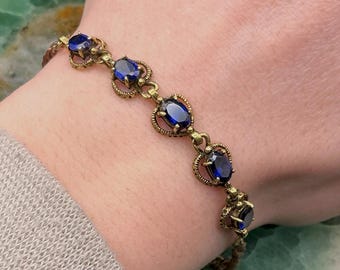 1950s Vintage Goldette Cobalt Blue Glass Bracelet | 18K Gold-Plated Georgian Revival Jewelry