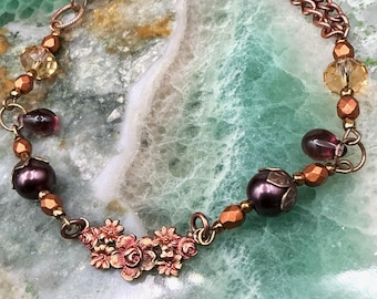 Floral Fairy-core Bracelet – Vintage Filigree & Amber Swarovski Crystal, Whimsical Nature Jewelry, Cottage-core Brass Bracelet Gift