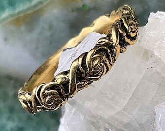 Victorian Rose Ring – 14k Gold Plated Floral Band, Antique Inspired Botanical Ring, Fairy-core Vintage Style, Size 8