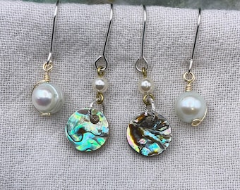 Abalone Shell & Freshwater Pearl Earrings – Mixed Metal Dangle Earrings, Beachy Boho Jewelry, Genuine