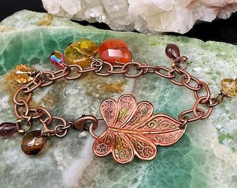 Vintage Brass Leaf Bracelet – Amber, Czech Glass, Fairycore Jewelry