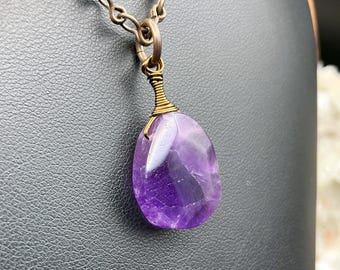 Amethyst Pendant Necklace – Handmade Purple Crystal Necklace, Boho Goddess Jewelry, Minimalist Gemstone, Wear alone or layered