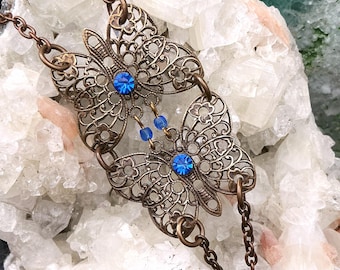 Butterfly Sapphire Bracelet – Vintage Tooled Brass Filigree, Fairy-core, Butterfly Jewelry gift for her