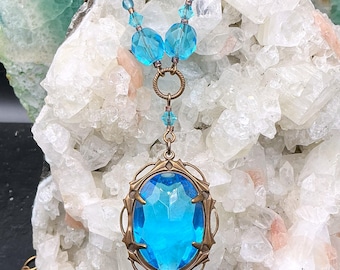 Blue Czech Glass Goddess Necklace – Vintage Brass Setting, Romantic Boho Statement Pendant, Divine Feminine Jewelry