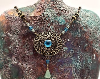 Vintage Filigree Statement Necklace – Ocean Blue Gemstone, Goddess Jewelry
