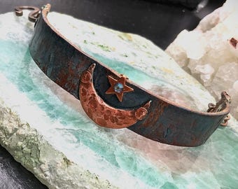 Celestial Leather Bracelet – Moon & Star Cuff, Fairy-core Boho, Rustic Brass and Leather, Mystical Nature Jewelry, gift for her
