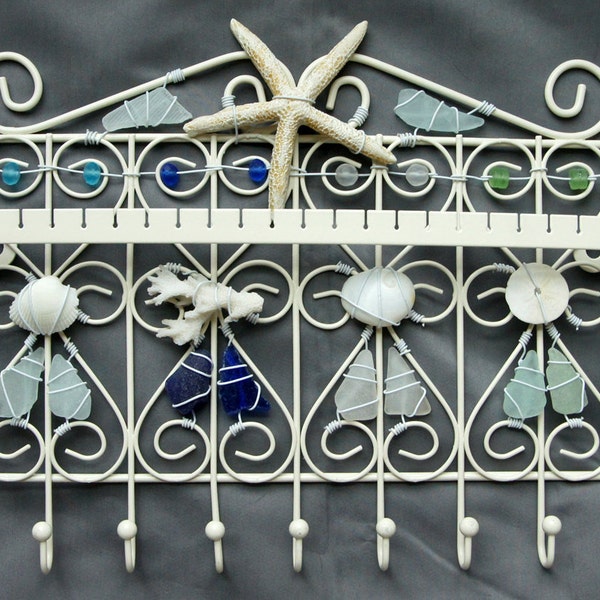 Sea Glass Jewelry Holder in Colors of the Sea with Shells, Sand Dollar, and Artificial Starfish