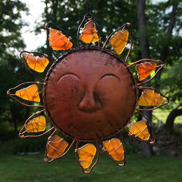 Smiling Sun Suncatcher or Garden Ornament with  Sea Glass
