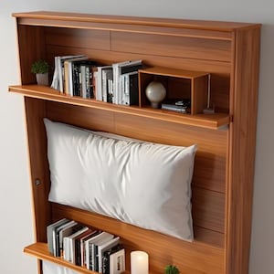 Peut inclure: Une t&ecirc;te de lit en bois avec des &eacute;tag&egrave;res int&eacute;gr&eacute;es pour les livres et les objets d&eacute;coratifs. La t&ecirc;te de lit est de couleur brun clair et comporte un oreiller blanc.