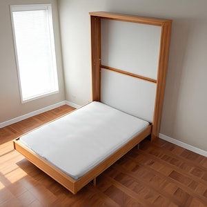 Peut inclure: Un lit mural en bois avec un matelas blanc pli&eacute;. Le lit est dans une pi&egrave;ce avec un parquet et une fen&ecirc;tre avec des stores.