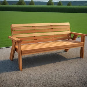 May include: A wooden bench with a slatted back and seat. The bench is made of natural wood and has a rustic look. It is sitting on a gravel surface.