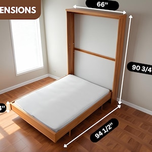 Peut inclure: Un lit mural en bois avec un matelas blanc, mesurant 90 3/4 pouces de haut, 66 pouces de large et 94 1/2 pouces de long. Le lit est dans une pi&egrave;ce avec un sol en bois et des murs blancs. Le texte "DIMENSIONS" est visible dans le coin sup&eacute;rieur gauche de l'image.