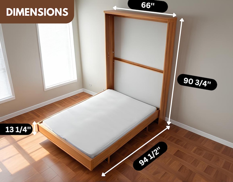 Peut inclure: Un lit mural en bois avec un matelas blanc, mesurant 90 3/4 pouces de haut, 66 pouces de large et 94 1/2 pouces de long. Le lit est dans une pi&egrave;ce avec un sol en bois et des murs blancs. Le texte "DIMENSIONS" est visible dans le coin sup&eacute;rieur gauche de l'image.