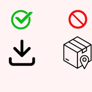 Peut inclure: Une coche verte dans un cercle, un cercle rouge avec une ligne diagonale, une ic&ocirc;ne de t&eacute;l&eacute;chargement noire et un dessin au trait noir d'une bo&icirc;te avec une &eacute;pingle de localisation.