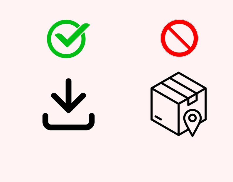 Peut inclure: Une coche verte dans un cercle, un cercle rouge avec une ligne diagonale, une ic&ocirc;ne de t&eacute;l&eacute;chargement noire et un dessin au trait noir d'une bo&icirc;te avec une &eacute;pingle de localisation.