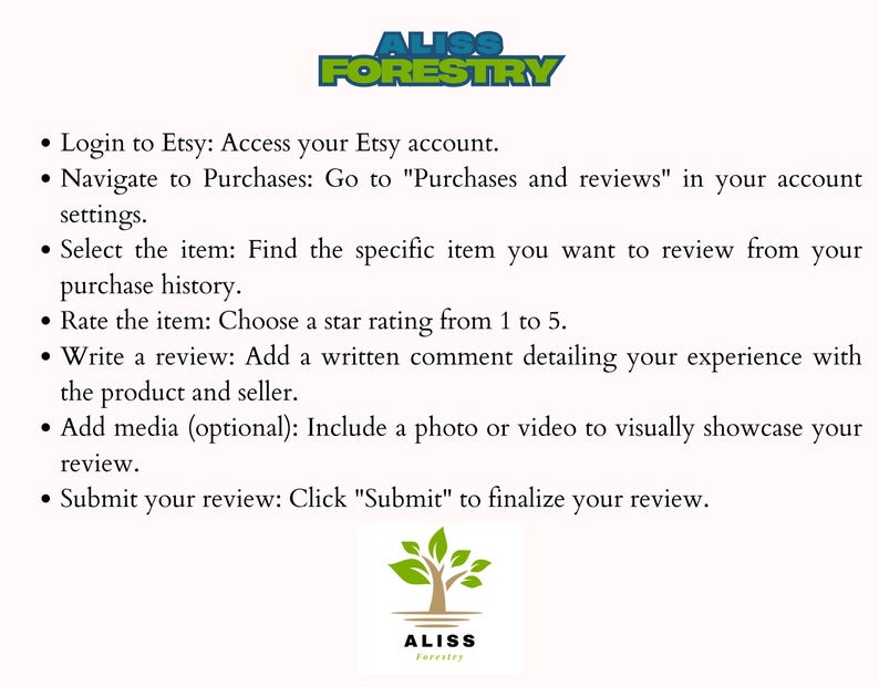 Peut inclure: Un guide &eacute;tape par &eacute;tape sur la fa&ccedil;on de laisser un avis sur Etsy. Le guide comprend des instructions sur la fa&ccedil;on d'acc&eacute;der &agrave; votre compte Etsy, de naviguer dans la section des achats, de s&eacute;lectionner l'article que vous souhaitez &eacute;valuer, de noter l'article, d'&eacute;crire un avis, d'ajouter des m&eacute;dias et de soumettre votre avis.