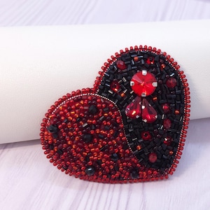Beaded Embroidery Heart Pin - Red and Black Handcrafted Brooch