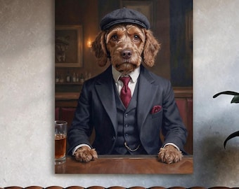 Brown Cockapoo Canvas Art – Vintage Gentleman Dog Portrait for Bar or Home Decor