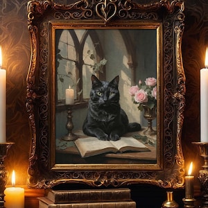 ダークアカデミア黒猫ウォールアート – ファインアートプリント、ムーディーなゴシックヴィンテージ装飾、不気味な美的ホームスタイル