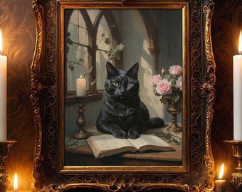Lámina artística de gato negro: decoración gótica para el hogar de Dark Academia