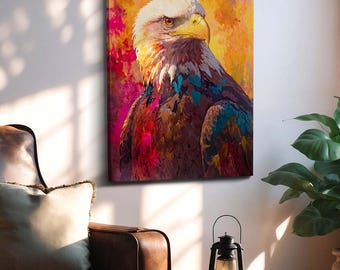 Majestuosa águila calva, lienzo decorativo para pared: vibrante pintura acrílica de vida silvestre, decoración patriótica para el hogar