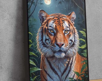Moonlight Tiger Canvas Wall Art - Jungle Scene with Bengal Tiger | Mystical Wildlife Decor