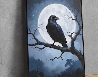 Raven Canvas Art: Moonlit Gothic Bird, Dark Nature Decor