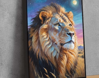 Twilight Lion Canvas Art - Vibrant Lion Painting with Moonlight Sky