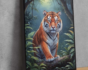 Majestic Tiger Canvas Wall Art - Jungle Scene with Moonlight | Mystical Wildlife Decor