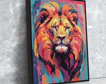 Vibrant Lion Portrait Canvas - Modern Colorful Framed Wildlife Wall Decor